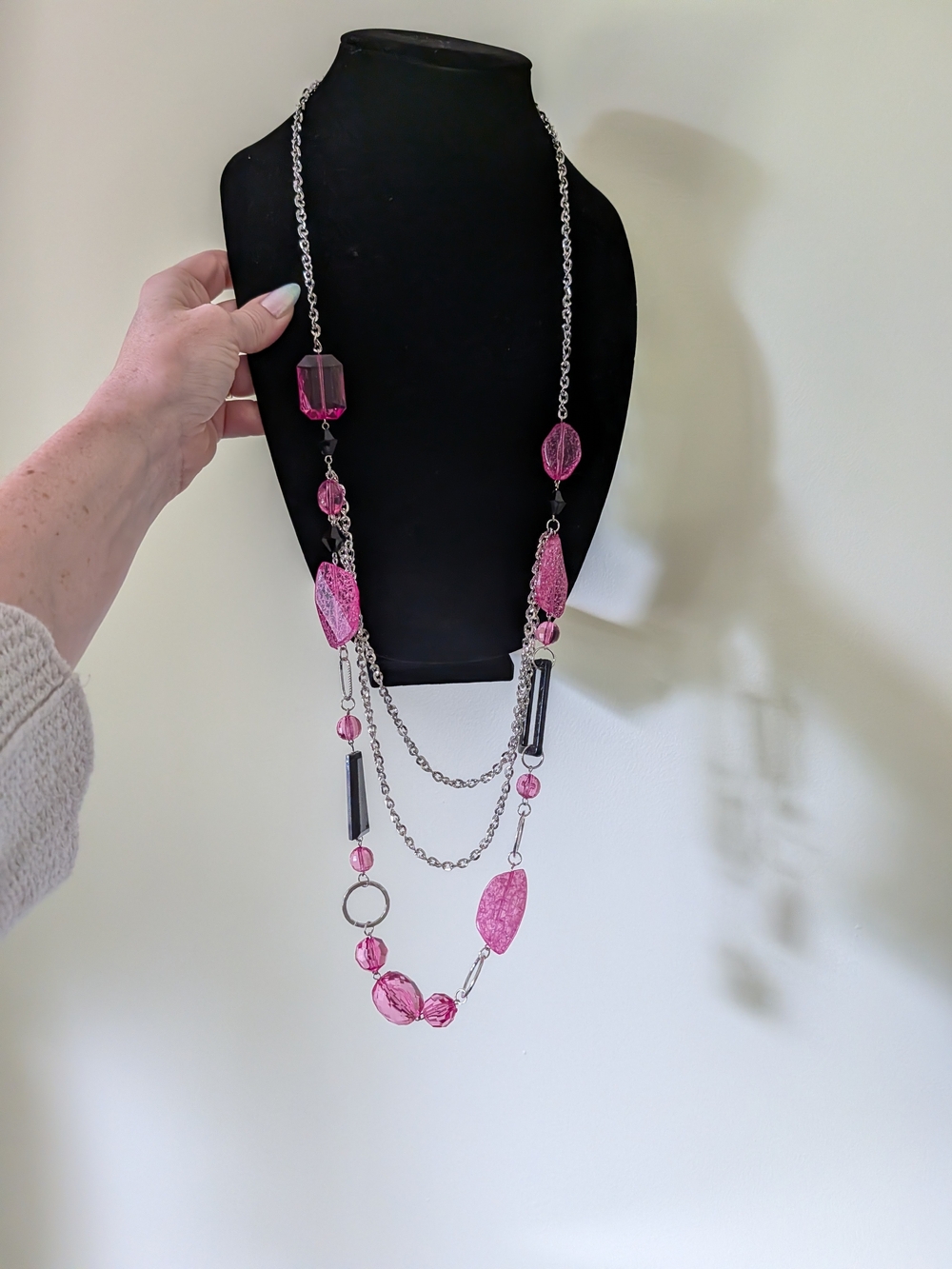 Pink Multi-Bead Long Chain Necklace - Unbranded